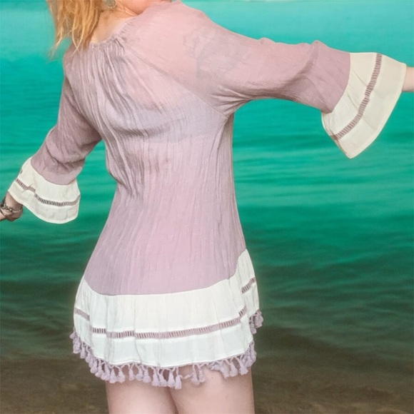 Indigo Soul Lavender and Cream Boho Tunic Shirt or Dress W/ Fringe XL - Picture 2 of 9